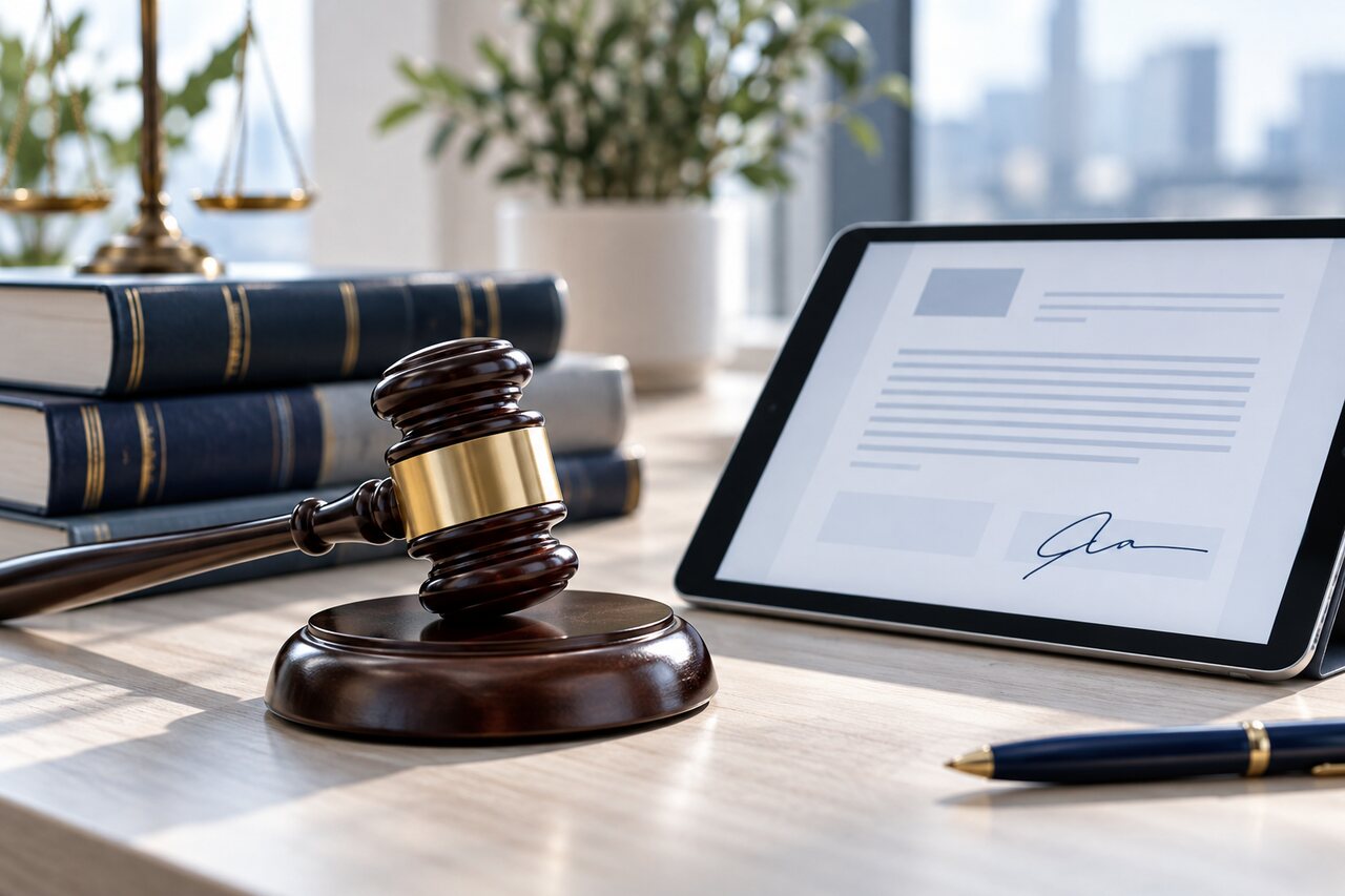 A gavel beside a tablet and law books representing e-signature legality