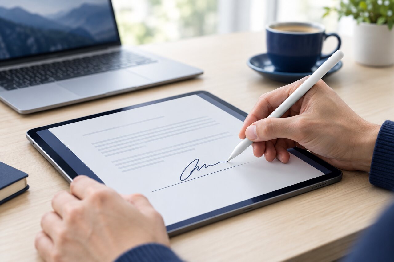 A person signing a document on a tablet with a stylus beside a laptop and a cup of coffee