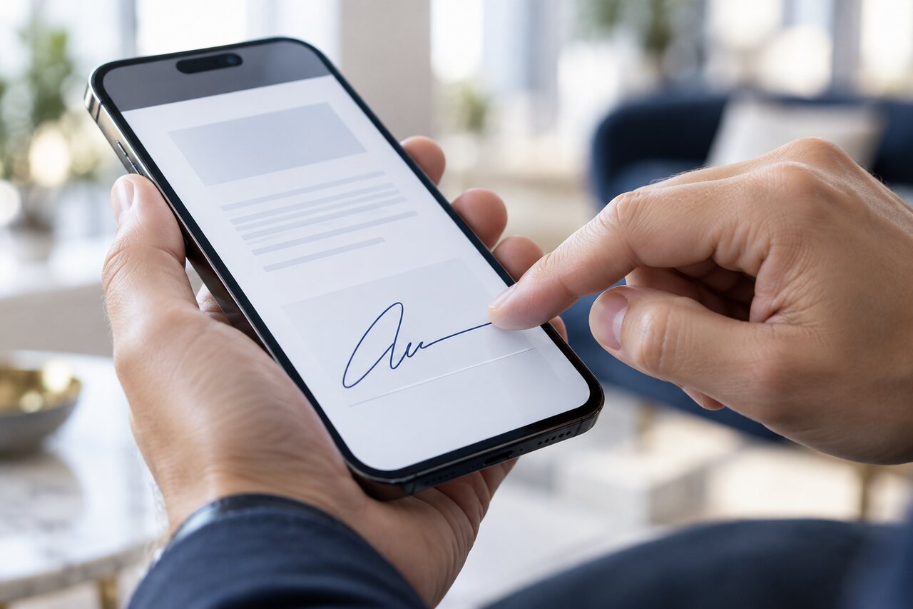 A finger drawing a signature on a smartphone showing a document