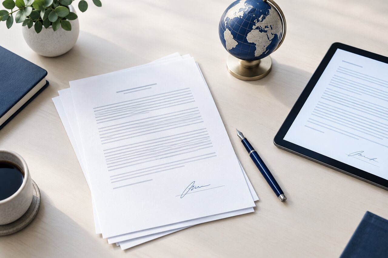 A signed contract, a pen, a tablet and a desk globe representing international validity