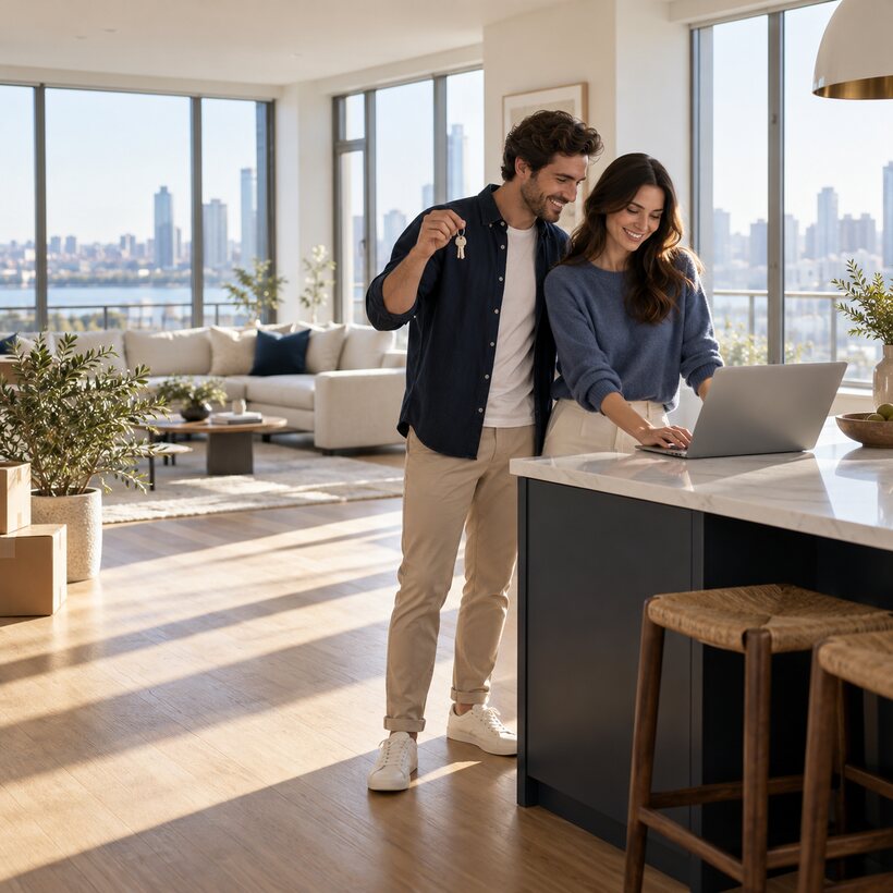 A real-estate agent and client signing a property agreement on a tablet